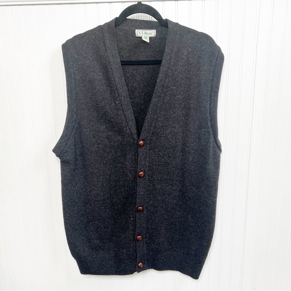 LL Bean Vintage Dark Gray Lambswool Sleeveless Grandpa Cardigan Sweater Lg Tall